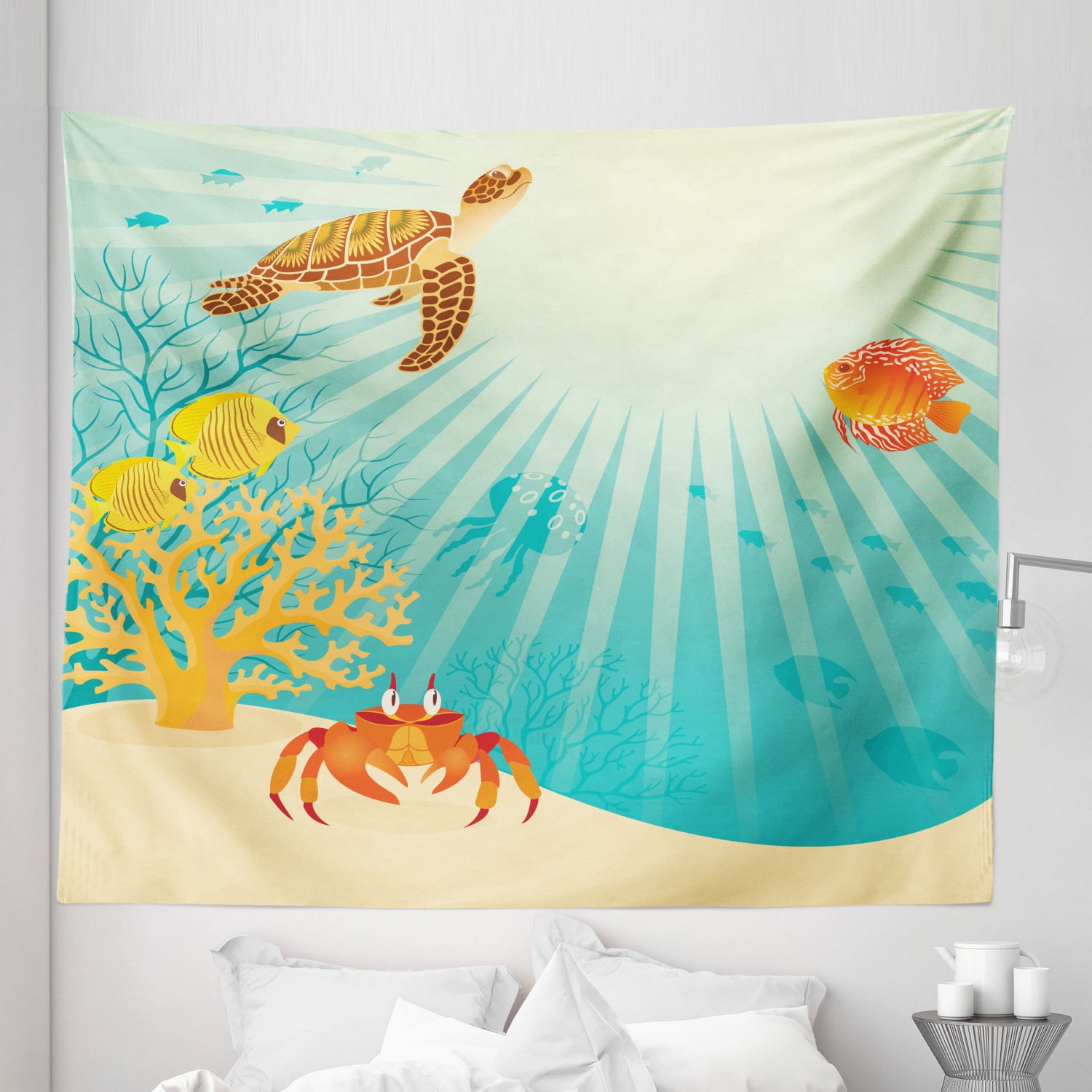 Fish Tapestry, Tropical Fishes Crab Loggerhead Sea Turtle Oceanic Sun ...