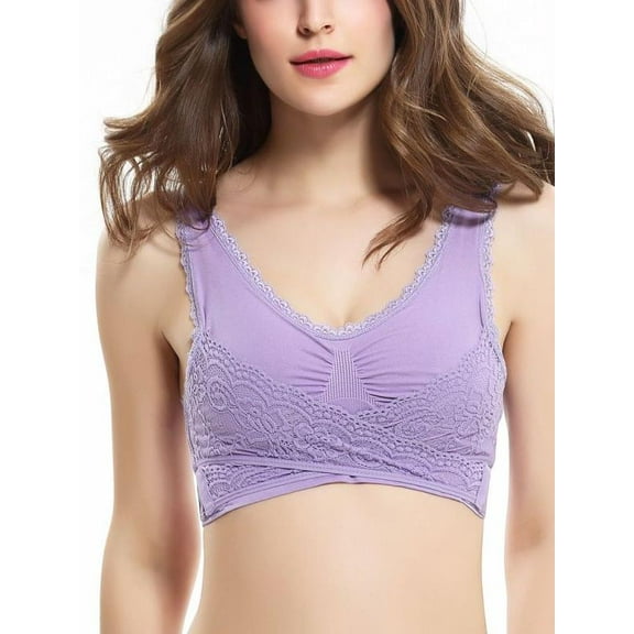 Women Seamless Lace Plus Size Bra,Cross Front Side Buckle Lounge Bra Yoga Workout Activewear Removable Padded Wide Shoulder Strap Sleep Underwear, Sexy Beautiful Back Easy to Wear Sports Bra,Purple