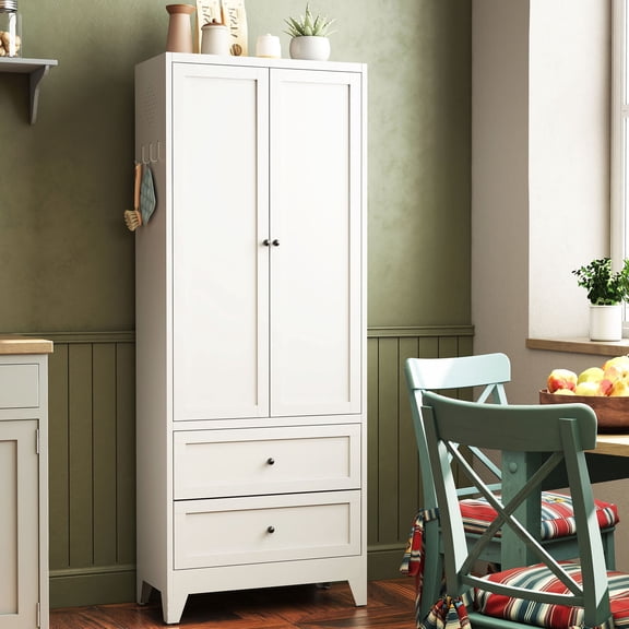 S-HOME Heavy-Duty 72 Inch White Pantry Cabinet with 2 Drawers, Freestanding Kitchen Organizer with Adjustable Shelves and Spice Storage