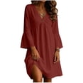 thumbnail image 4 of Yteetum 3/4 Sleeve Dresses for Women Summer V Neck Cotton Linen Midi Dresses Casual Solid Loose Lightweight Breathable Quickly Dry Travel Vacation Dress, 4 of 8