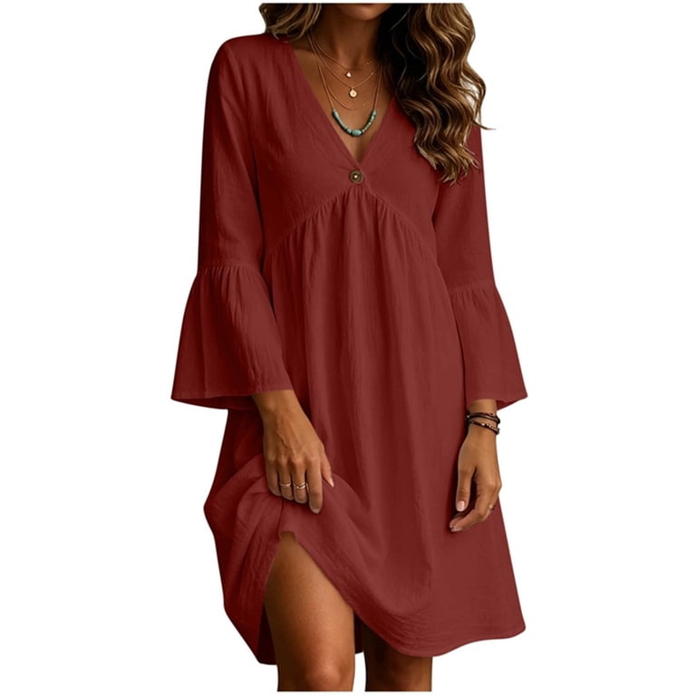 v neck linen blend mini dress Ygbgbb Women's V-Neck Linen-Blend Mini Dress, 3/4 Flounce Sleeve with Pockets, Ruffle Detail Casual Dress for Summer Daily Look Red XXL, Size: 2XL