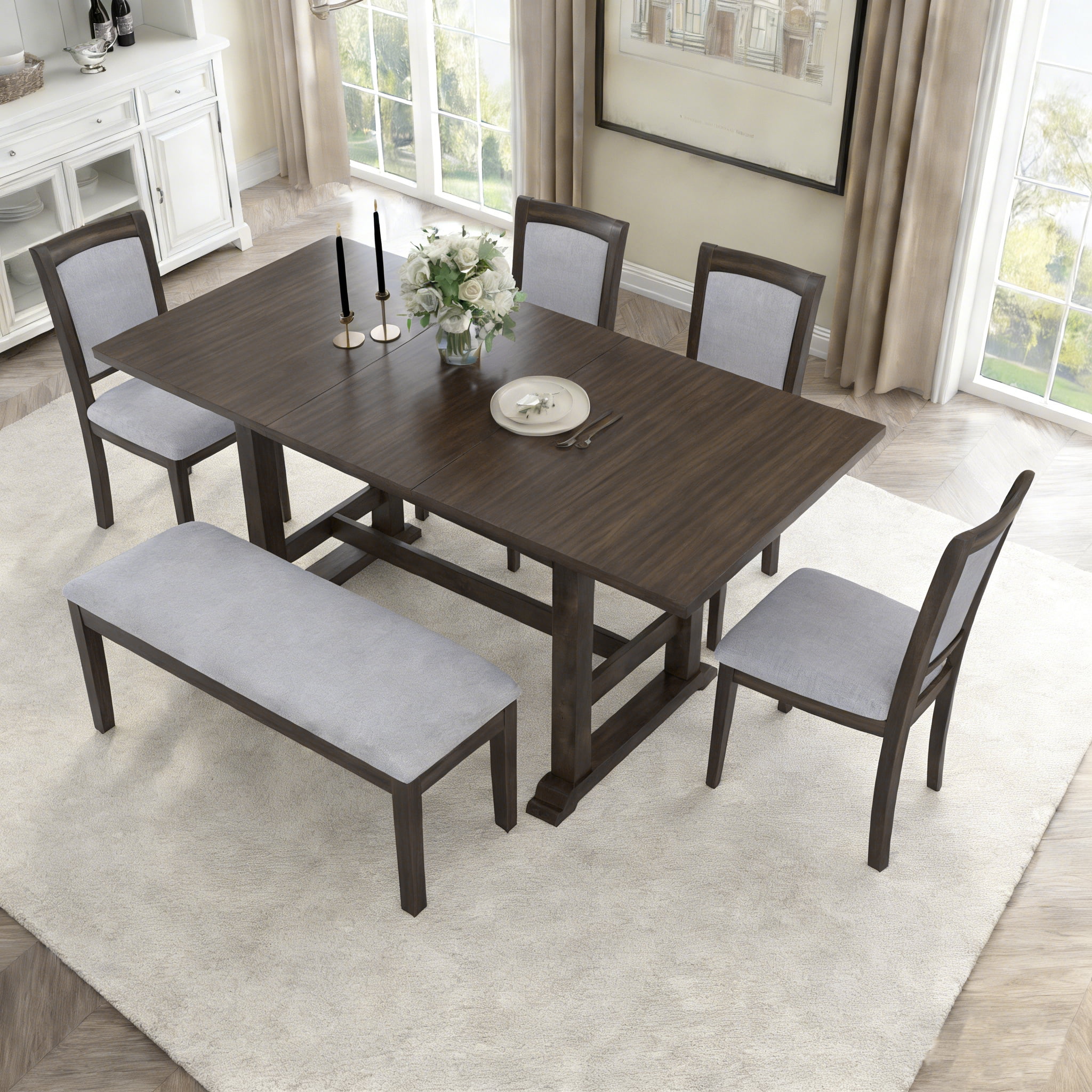 6-Piece Dining Table Set for 6, 76.9" Extendable Dining Table with Removable Leaf, 4 Chair and Bench
