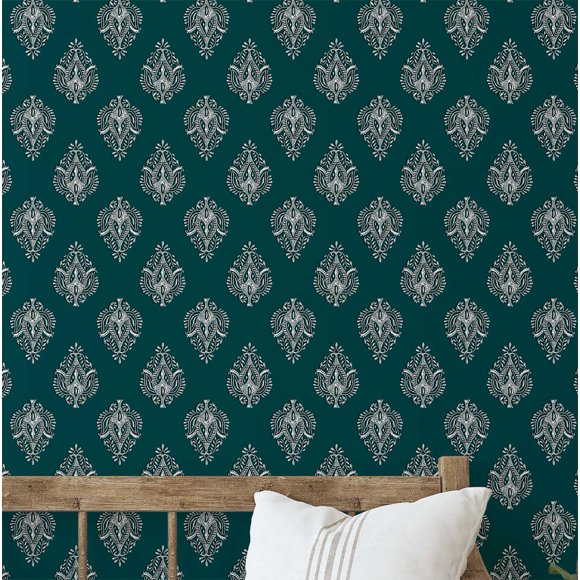S4Sassy Boho Block Print Wallpaper - Asian Style Walls Covering, 25 x 120 Self-Adhesive Vinyl Wall Paper, Decorative Wallwrap, Easy DIY Wall Covering For Bedroom, Living Room, Living Spaces - Blue