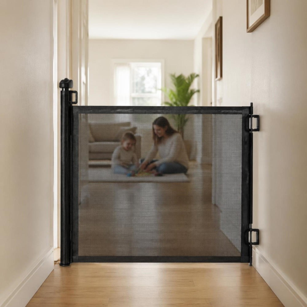 Baby Gate, retractable, 57 in wide, 38.5 in tall, mesh door gate with security lock, black