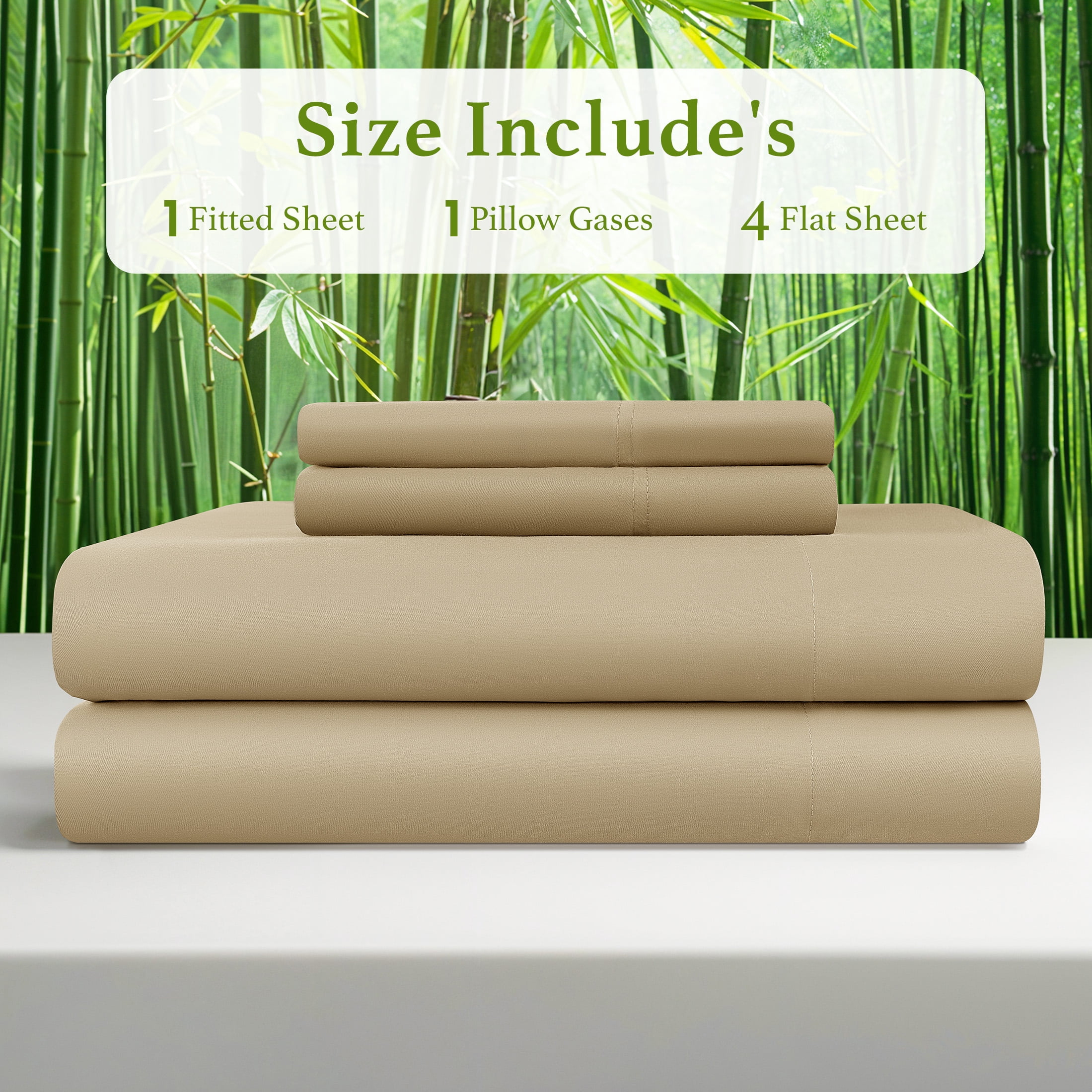 Baauye Cozy Bamboo Sheets Set, 4-Piece King Sheet Set with 16" Deep Pockets, Soft and Breathable Bed Sheets, Beige