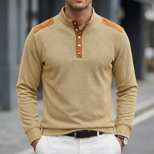 Ceisia Men's Loose Fit Long Sleeve Henley Shirts with Waffle Knit and Shoulder Color Block Patchwork, Stretch Blend Stand Collar Casual Tops Gifts