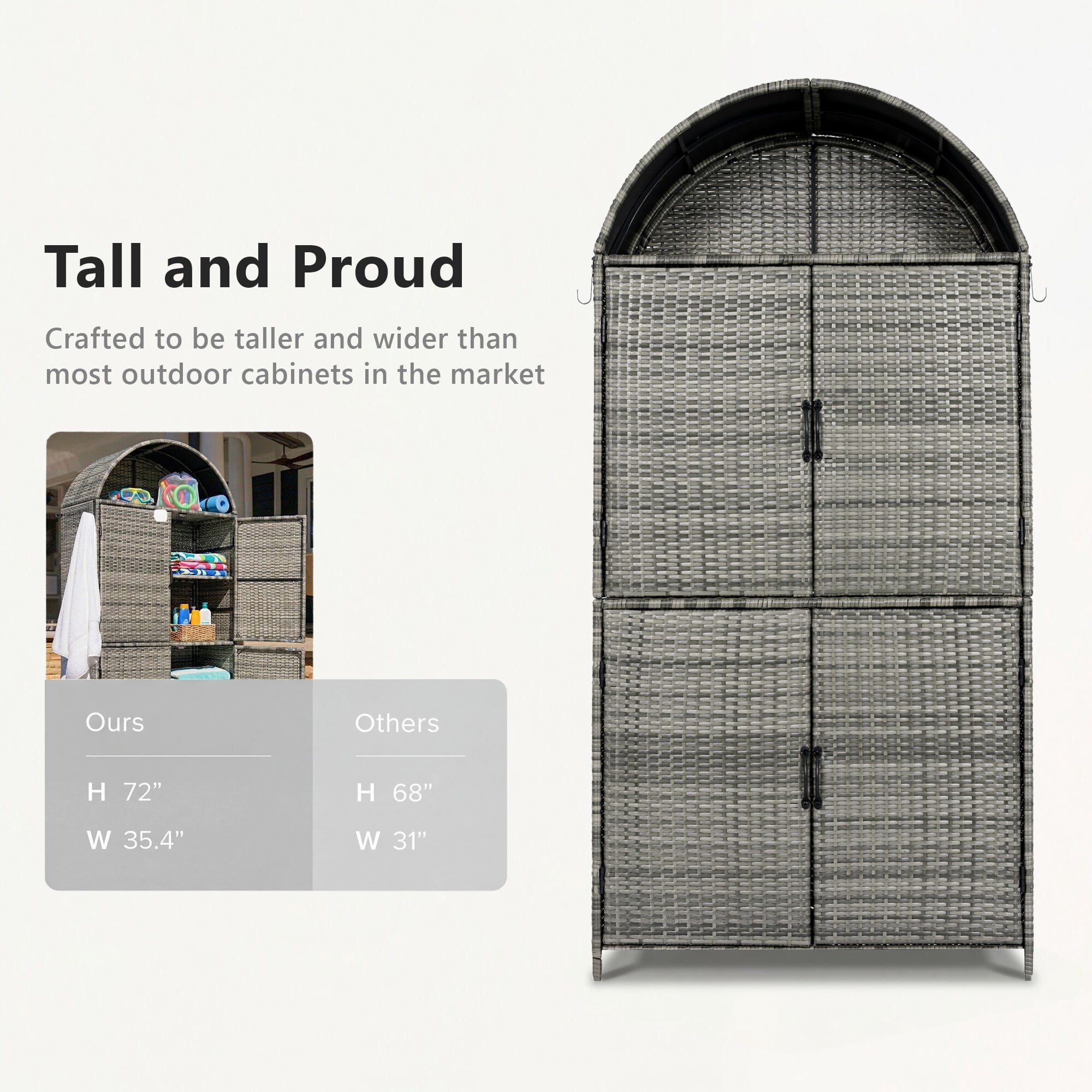 AENKYO 72" Tall Arched Wicker Outdoor Storage Cabinet, Vertical Poolside Towel Holder & Rattan Garden Shed, Gray