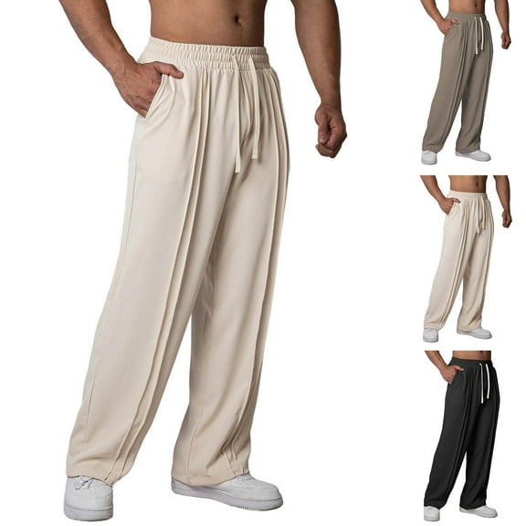 ZRGHAOYLQ Mens Casual Pants Fashion Wide Leg Pants Loose Fit Straight Leg Trousers Drawstring Elastic Waist Lounge Pants Lightweight Solid Color Trouser with Pockets