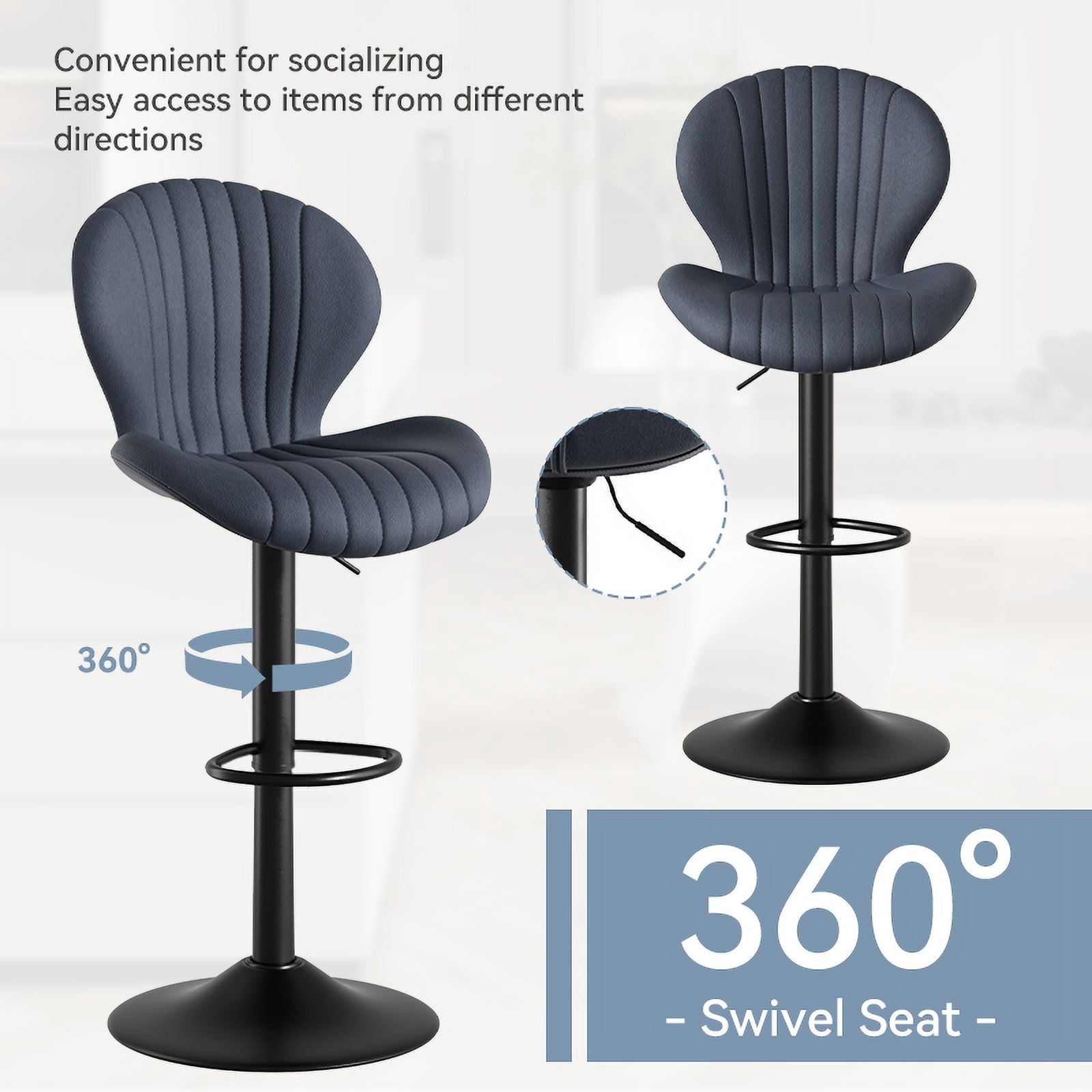 MOONMISS Modern Adjustable Bar Stool Faux Leather Bar Stool, Dark Gray(Set of 2)
