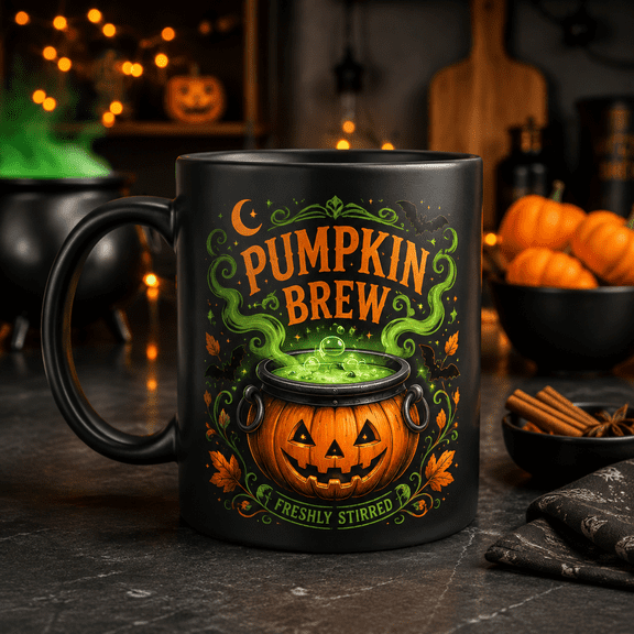 Personalized Pumpkin Brew Cauldron Black Ceramic Coffee Mug Halloween Gift