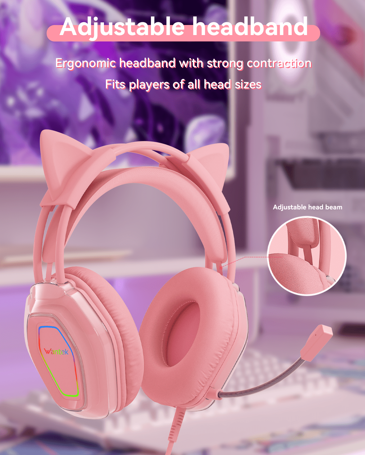Wantek V10 Cat Ear Style Gaming Headset with comfortable fit and vibrant RGB lighting, Hi-Fi Sound - Pink