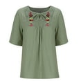 thumbnail image 5 of FAVIPT Women's 3/4 Lace Sleeve Linen Tops Vintage Floral Embroidered Bohemian Tunic Tees V Neck Bandage Patchwork Blouses Peasant Loose 2025 Tops Army Green,XXL, 5 of 6