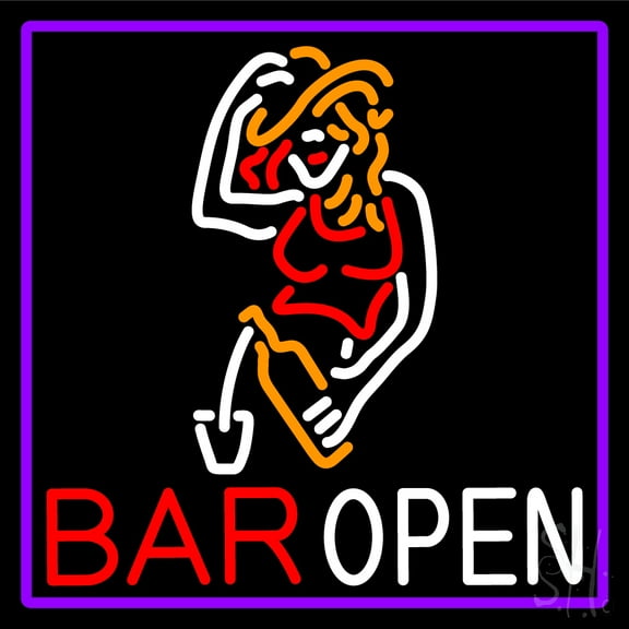 Bar Open With Girl LED Neon Sign 24 x 24 - inches, Clear Edge Cut Acrylic Backing, with Dimmer - Bright and Premium built indoor LED Neon Sign for Bar decor.