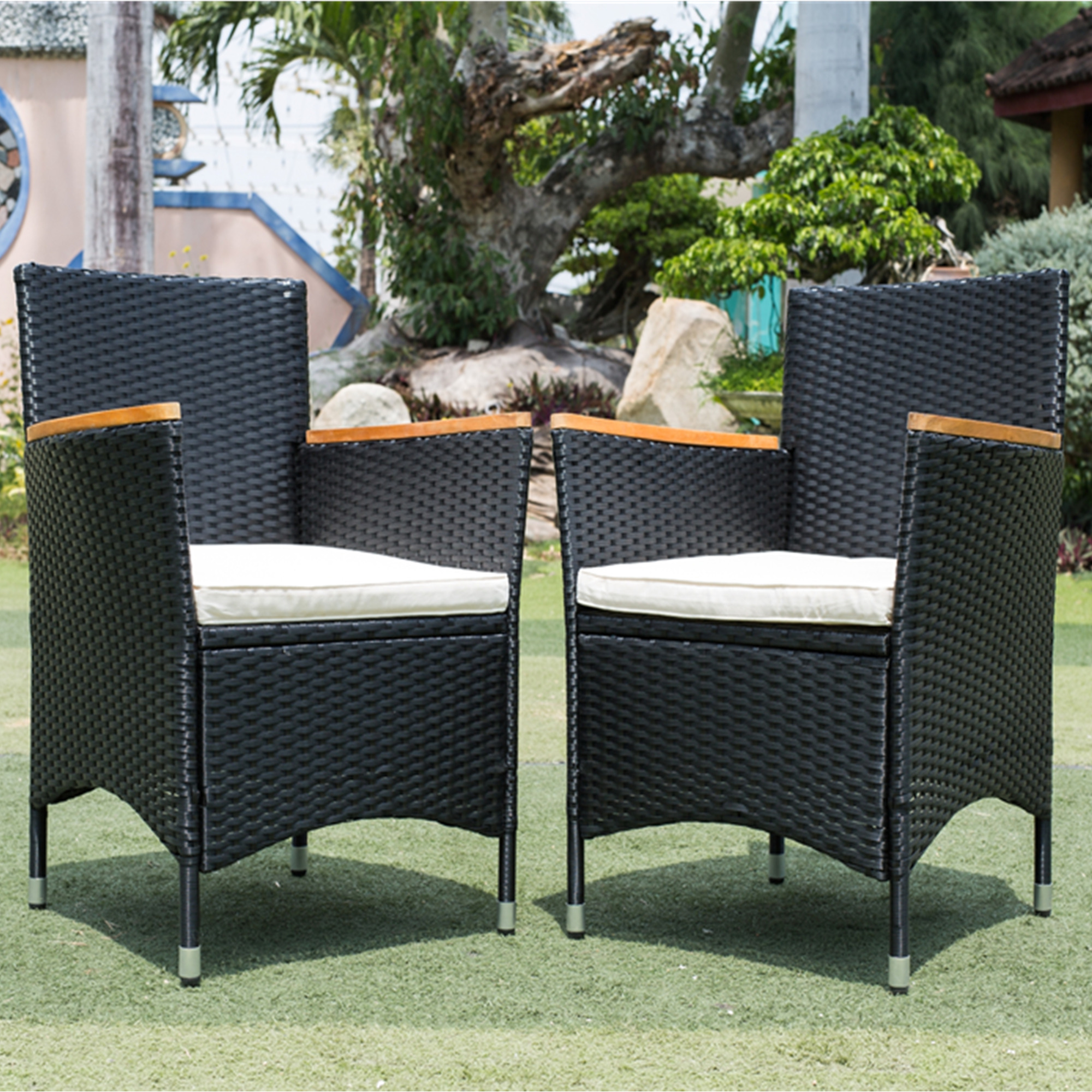 7 Piece Outdoor Patio Dining Set,Outdoor Wicker Furniture Set with Brown Rattan Dining Table and Chairs with Cushions,Black Wicker + Creme Cushion