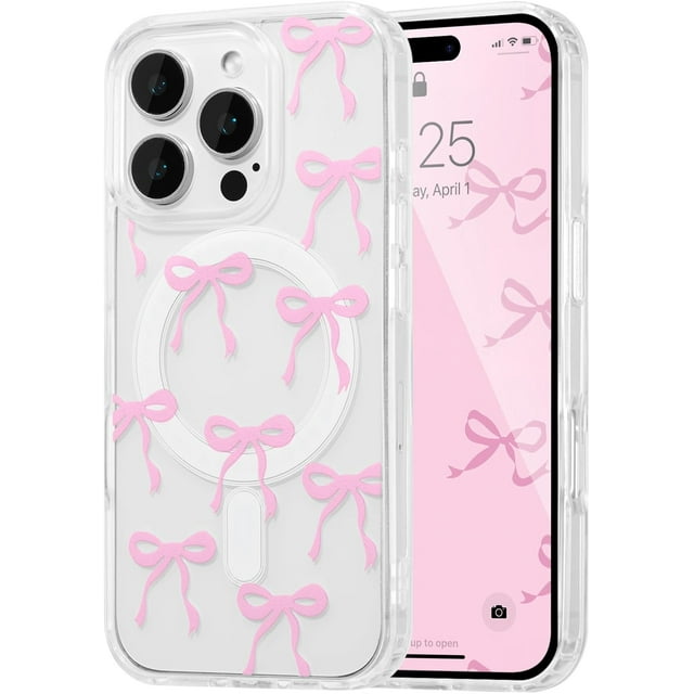 PIOE-Magnetic for iPhone 12 Pro Max Case, Bow Case Compatible with MagSafe, Wireless Slim Clear Ribbon Aesthetic Phone Cover Anti-Yellowing Shockproof Protective Cover for Women Girl - Pink
