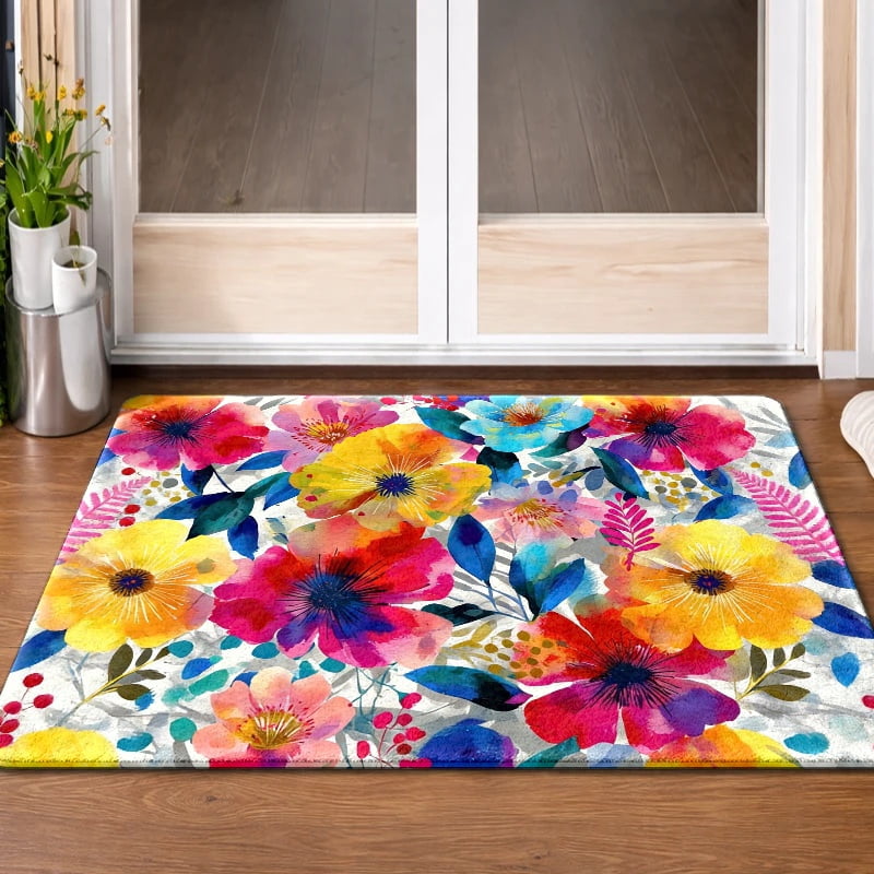 Waterproof Non-Slip Rubber Backed Flannel Floor Mat, Colorful Watercolor Floral, Machine Washable, for Indoor Outdoor Living Room Bedroom Kitchen Bathroom Balcony Porch Entryway Doormat Rug