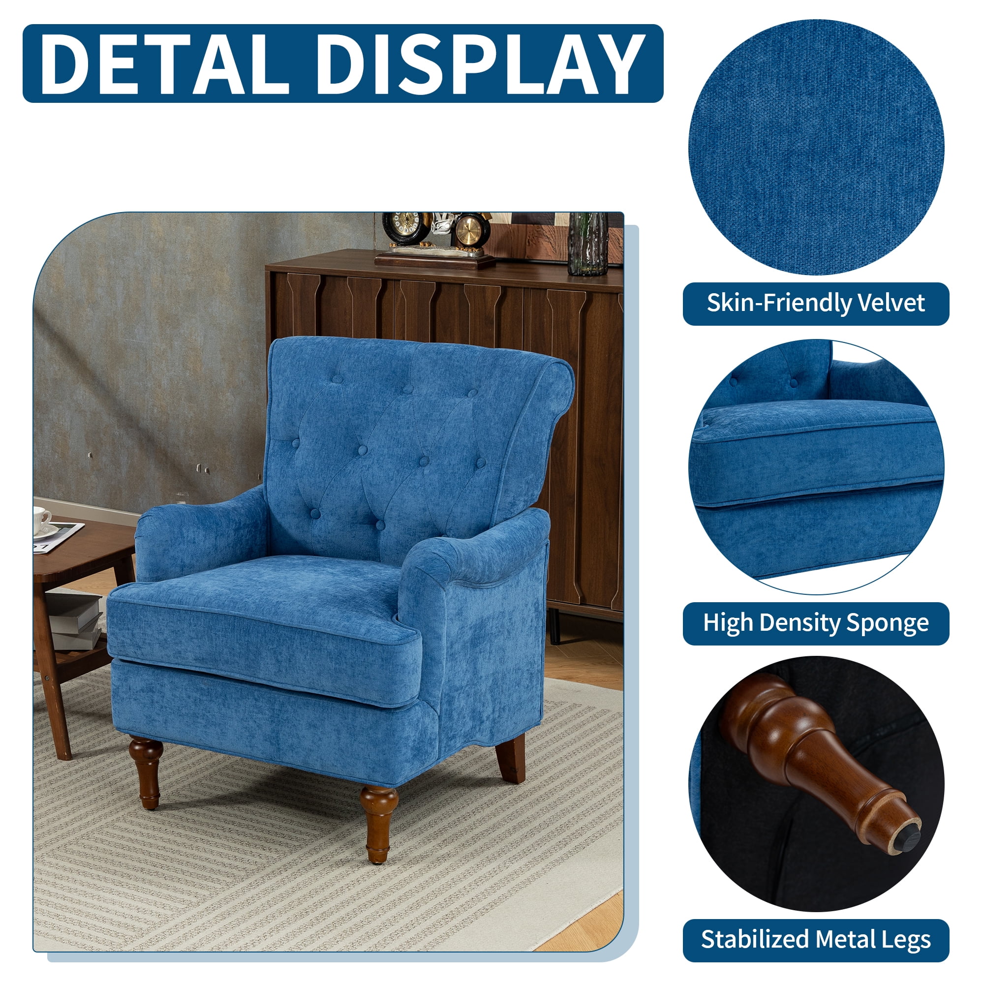 MOONISS Upholstered Accent Chair for Living Room and Bedroom,Heavy-Duty Fabric Armchair with Reinforced Wood Frame, Supportive Seat Cushion, Stable Retro Legs, Lounge Chair for Reading, Work