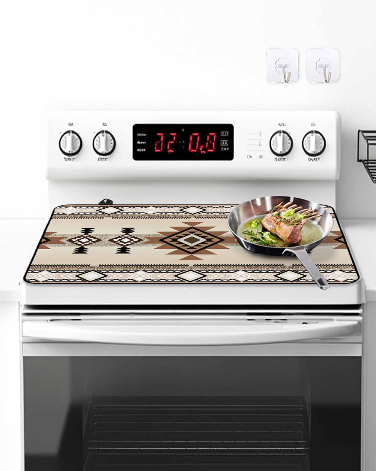 Stove Top Covers for Electric Stove, Southwest Glass Stovetop Cover Protector, Brown Bohemian Abstract American Aztec Induction Cooktop Protector Oven Mat for Kitchen Countertop 24"x21"