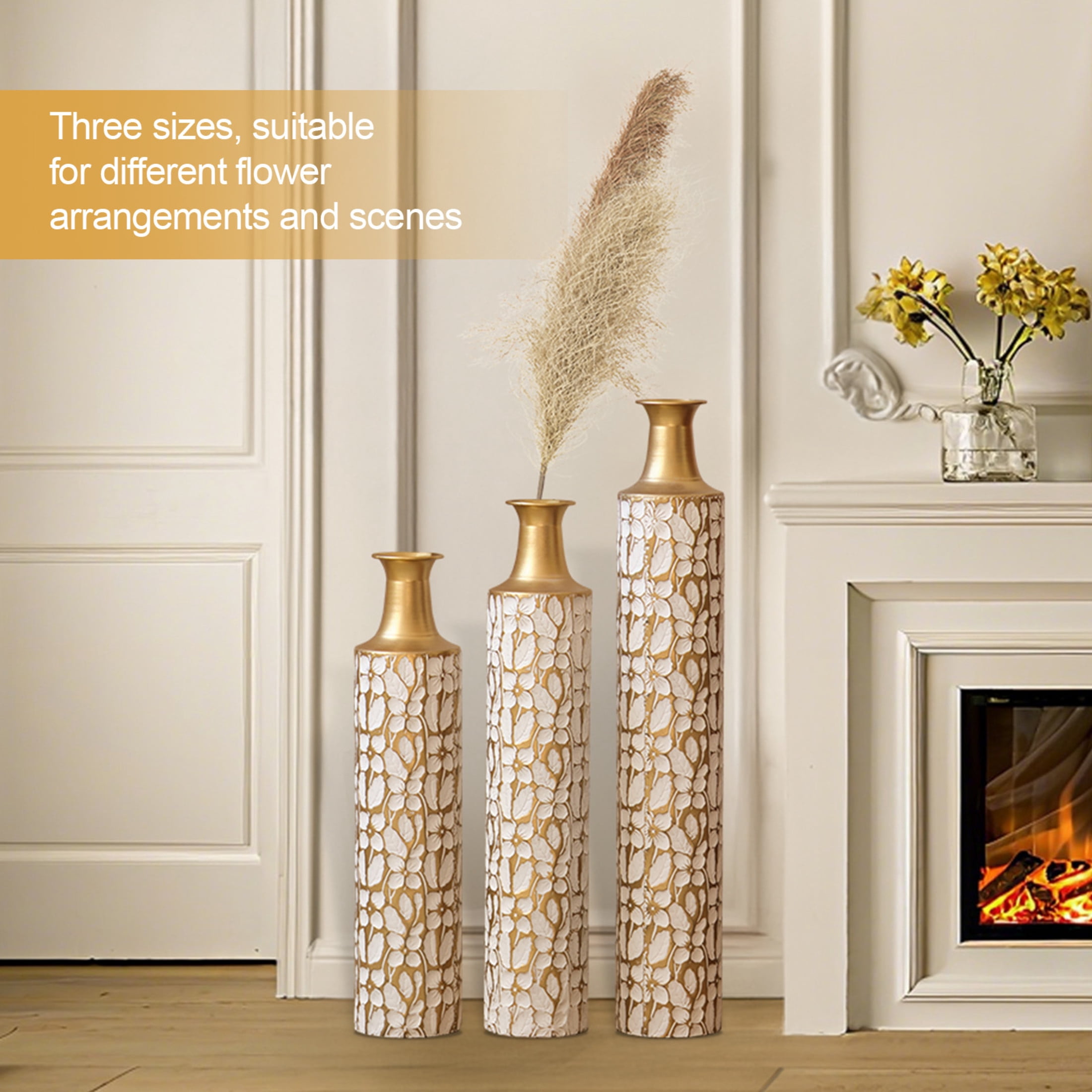 Noble House 32.3", 28", 24" Metal Floor Vase Set of 3, Leaf Pattern, Gold + White