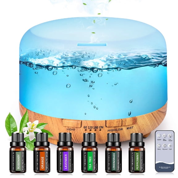Fimilo 500ml Essential Oil Diffuser with 6*10ml Essential Oils Set, Aroma Air Humidifier with Remote Control for Bedroom Home Office