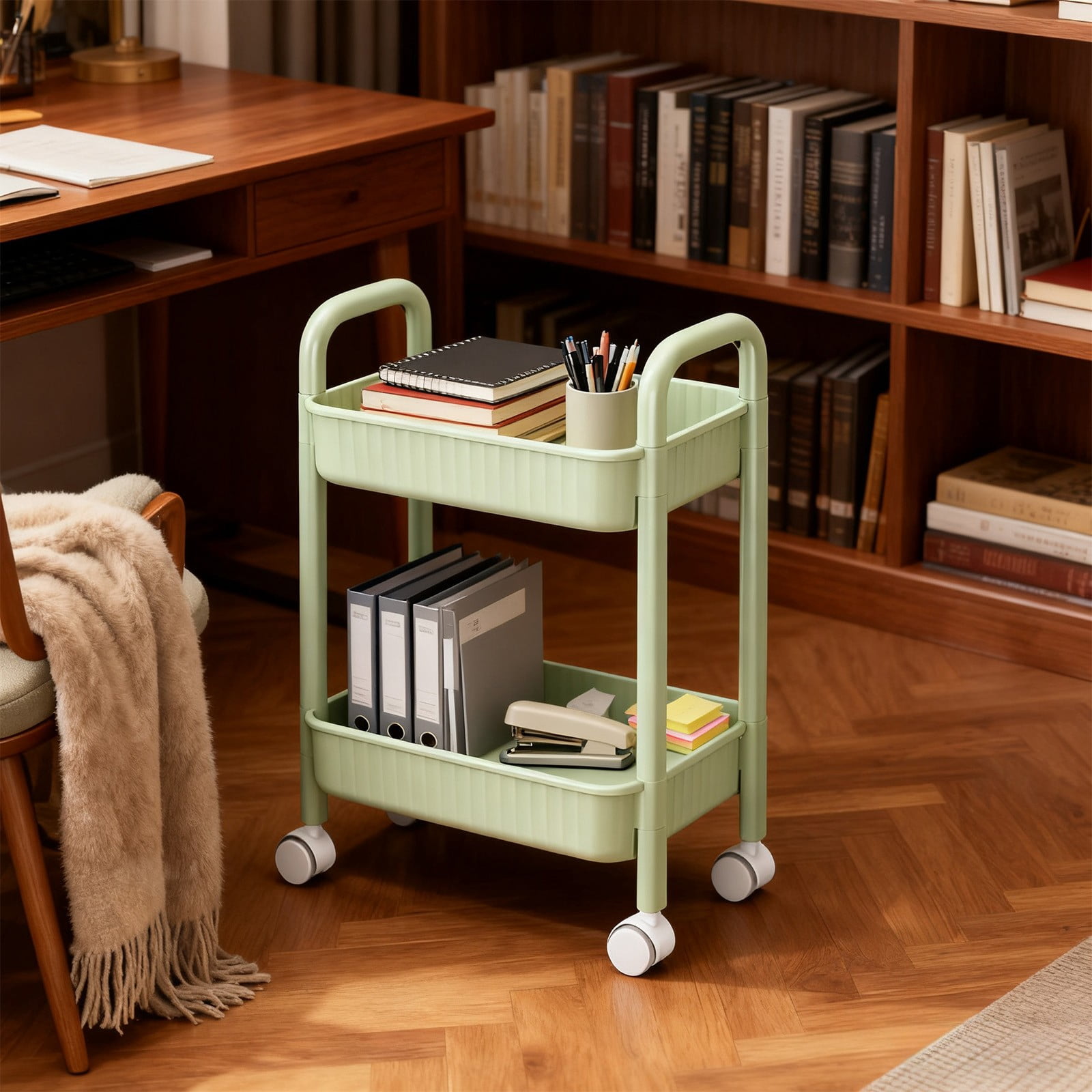 HOZVOMI 2-Tier Rolling Cart with Wheels, Lockable Swivel Casters, Multi-Purpose Storage Organizer for Kitchen, Office, Bedroom, Laundry, and Bathroom