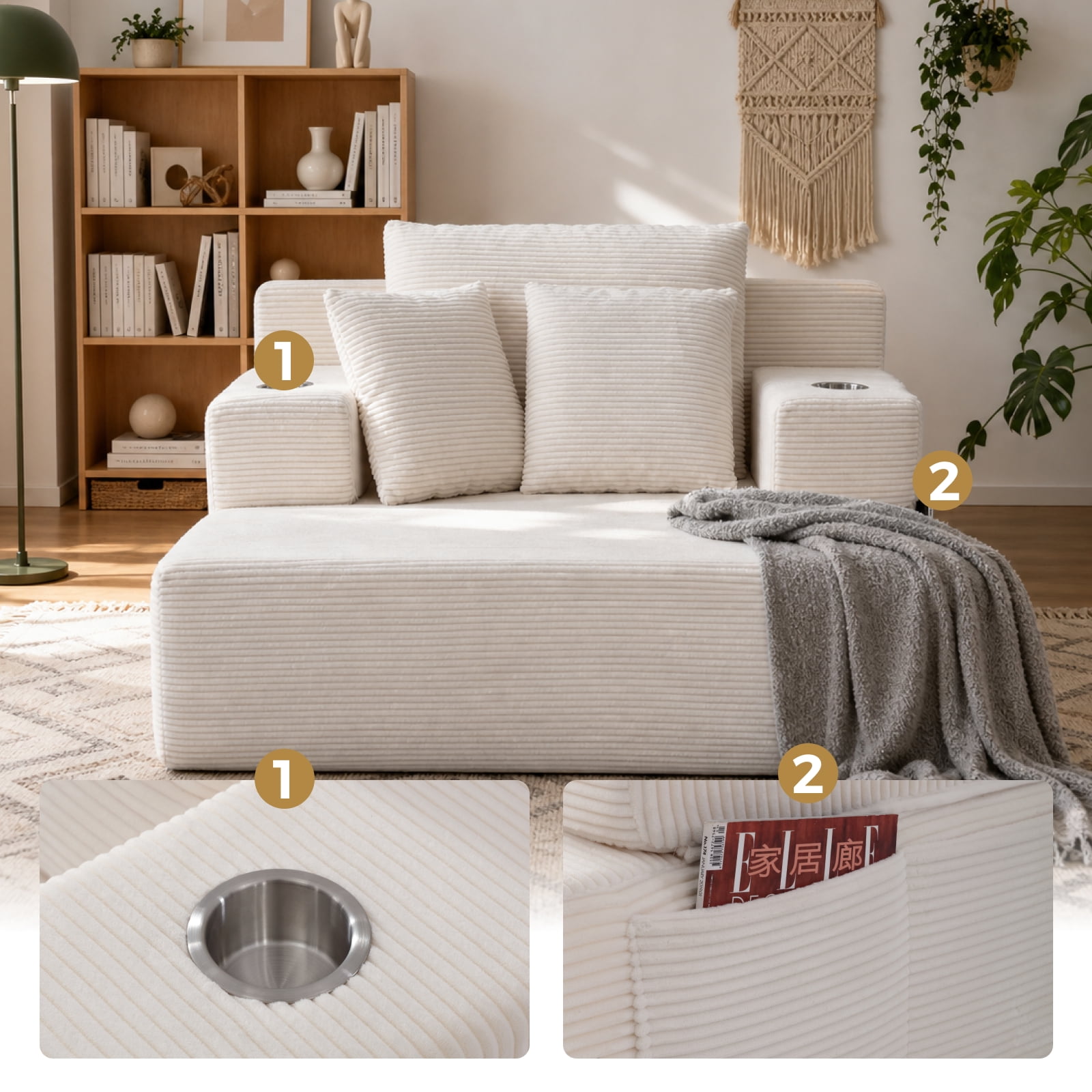 48" Wide Luxurious Corduroy Chaise Lounge with 3 Pillows, 71" Convertible Sofa Bed with Storage Pocket and Cup Holders