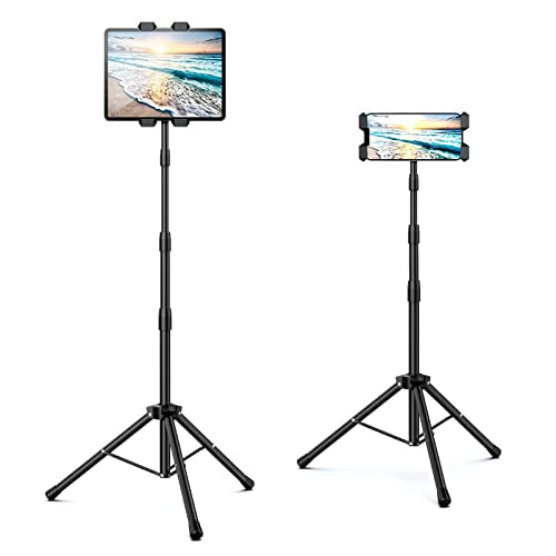 Raking Tablet Floor Stand, Height Adjustable Cellphone Floor Stand with 360°Rotating Tripod Mount, Compatible with iPhone iPad Mini/Air/Pro and All 5.5-12.9 Inch Devices