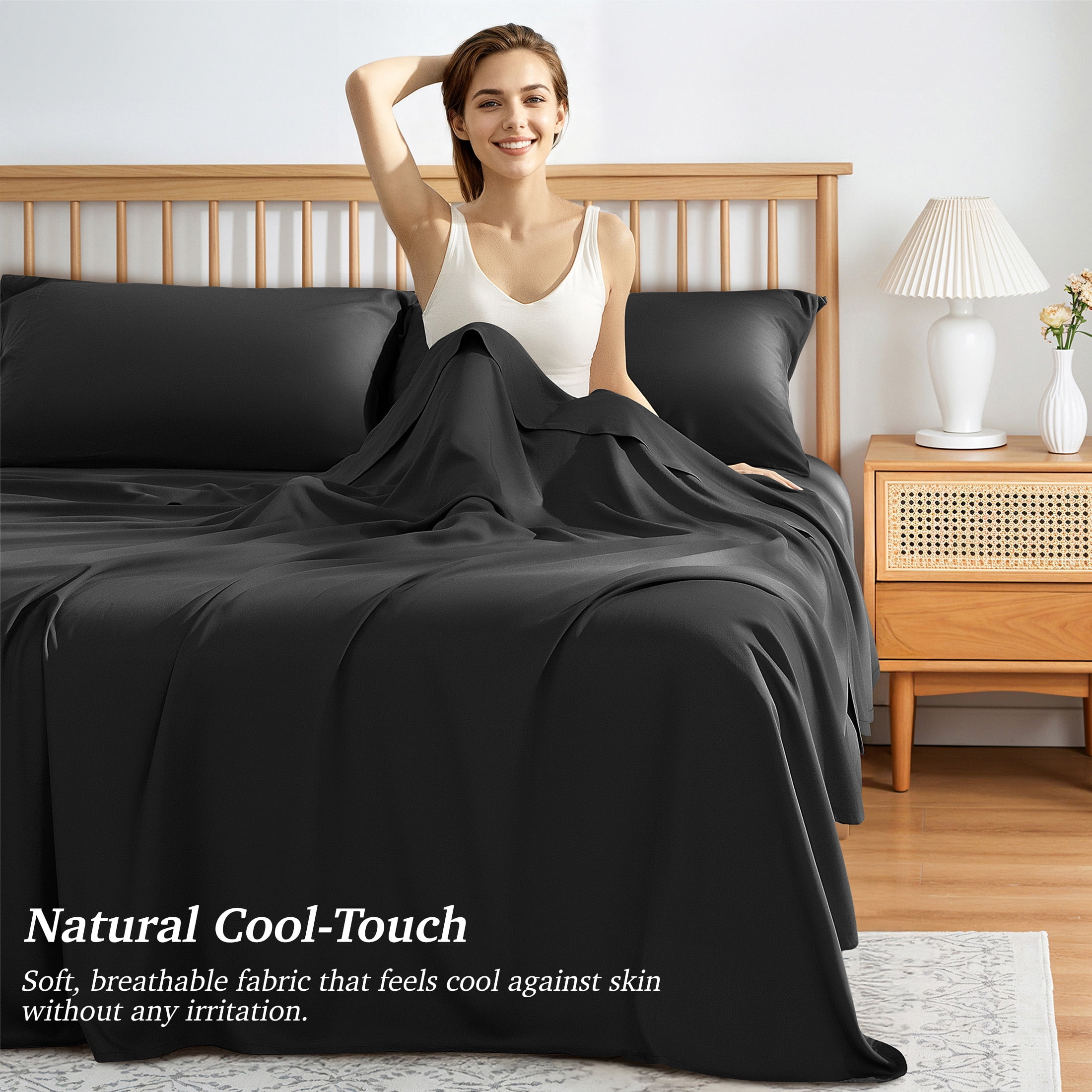 AiAngu Bamboo King Sheet Set, Luxury Soft 4 Pieces Bed Sheets with 18" Deep Pocket, Black