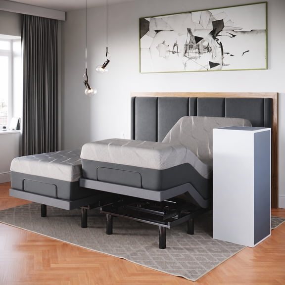 Adjustable Bed Base, Split King with 14-Inch Medium Soft Hybrid Spring Mattress, Head and Foot Lift, Massage, Charcoal Grey for Bedroom