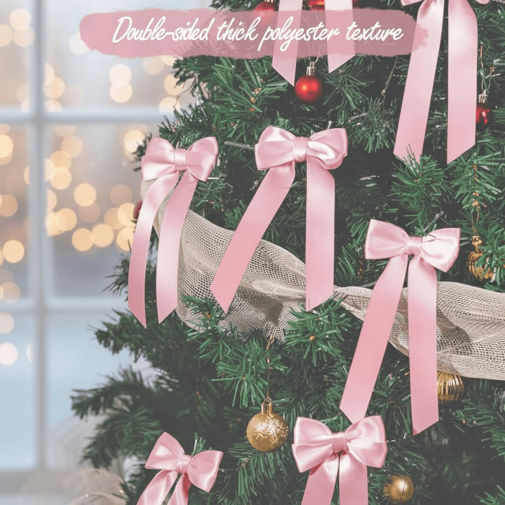 24pcs Double-Sided Twist Tie Bows for Christmas Tree Decorations, Pink Ribbon Bows for Holiday Party, Gift Bag Ties and Festive Decor