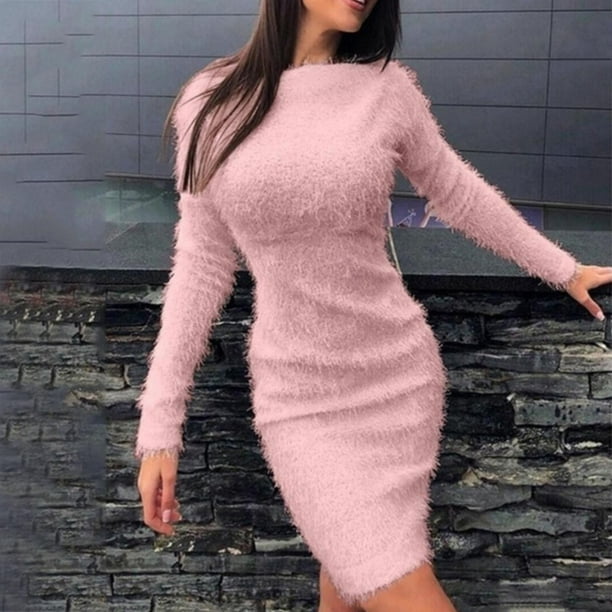 Sweater Dress Knitted Christmas Winter Dress Women Bodycon Solid Long  Sleeve Warm Dresses For Women Party Fluffy Mini Clothes