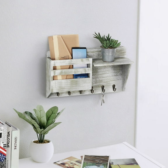 Mail Holder Wall Mounted Mail Organizer with Shelf & 6 Key Hooks for Entryroom