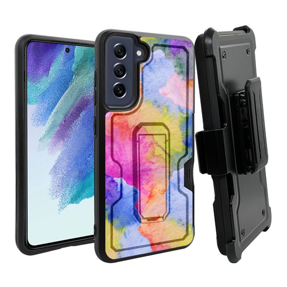 ANJ  Rugged Dual Layer Shockproof Holster Case w/Card Slot   Tempered Glass Cover for Samsung Galaxy S21 FE 5G - Watercolor Painting