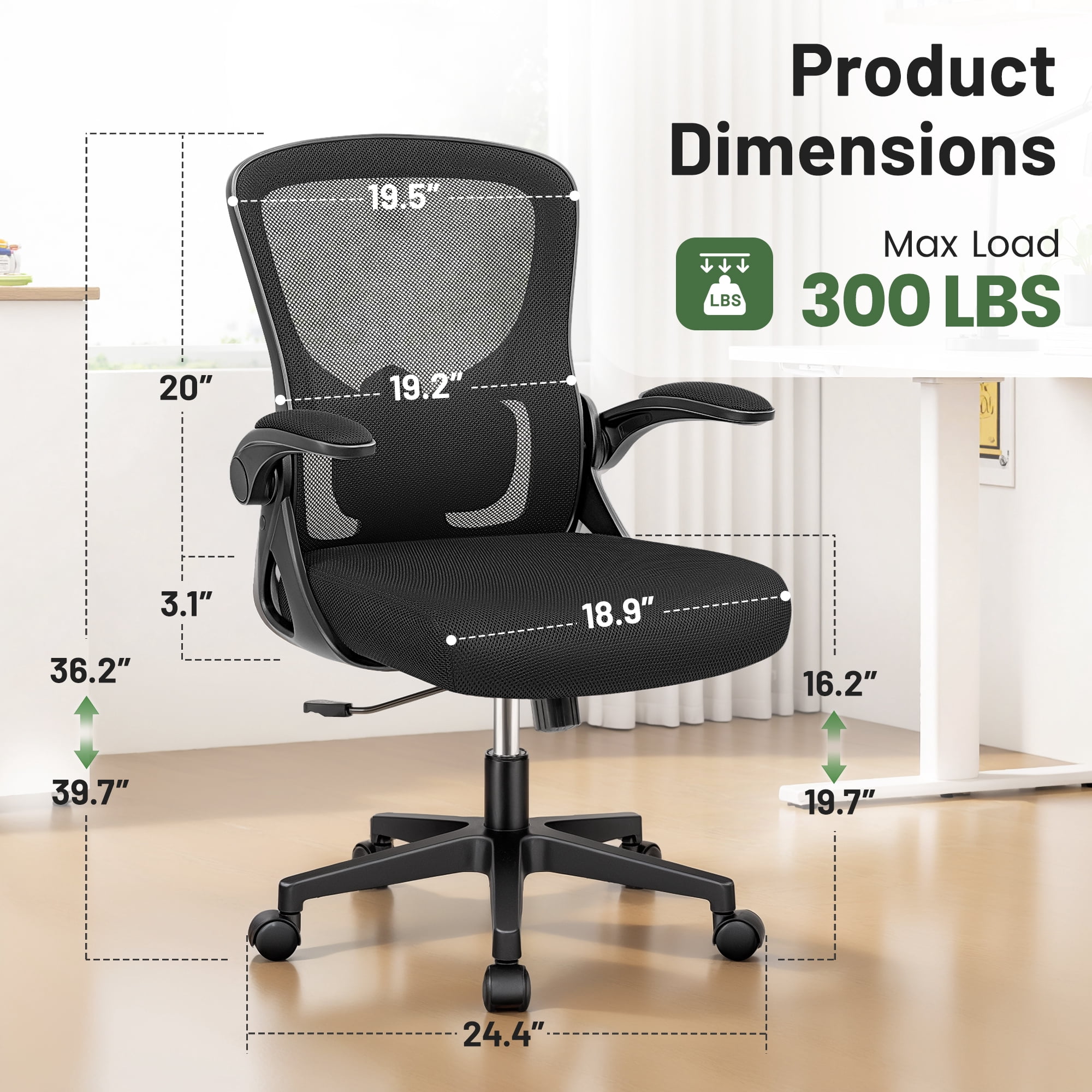 ATHOPE Office Chair, Ergonomic Desk Chairs 300LBS Capacity High Back Mesh Computer Chair with Flip-up Armrests, Comfy Work Chair with Adjustable Lumbar Support for Home Office, Black