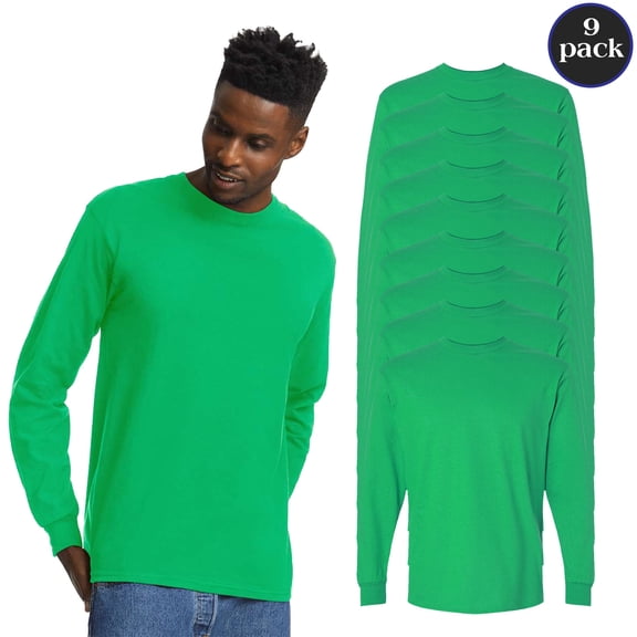 Gildan Men’s Ultra Cotton Long Sleeve T-Shirt, Ribbed collar Irish Green Bulk Tee, 9 Pack, S