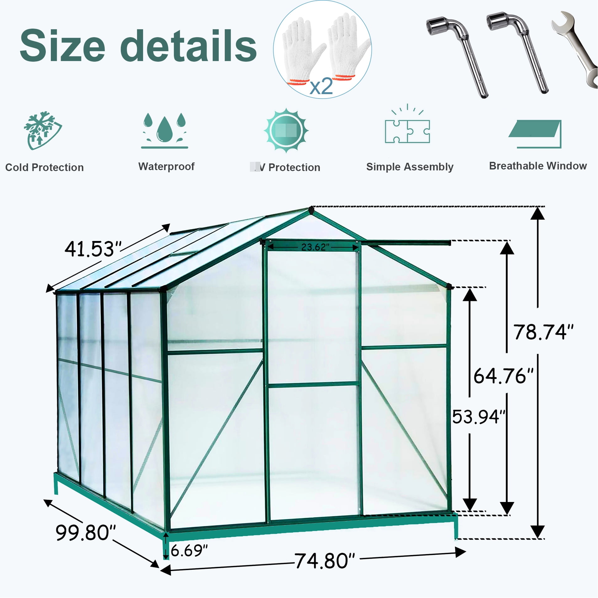 Walk-in Greenhouse 6'x8', Polycarbonate, High Transmission, Effective Water Drainage 6'x8' Outdoor Polycarbonate Greenhouse, Thermally Insulated, Sliding Door Convenience