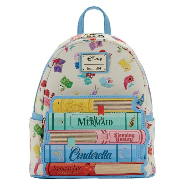 bolso de hombro loungefly disney princess books classics para mujer multi — mochila pequeña con pila de libros estampados (Cinderella, The Little Mermaid, Sleeping Beauty), piel sintética con ribetes y correas azules, bolsillo frontal con cremallera y tirador, asas y correas ajustables, forro estampado; medidas 9" W x 10.5" H x 4" D. También suele usarse como bolso compacto de diario para portar esenciales.