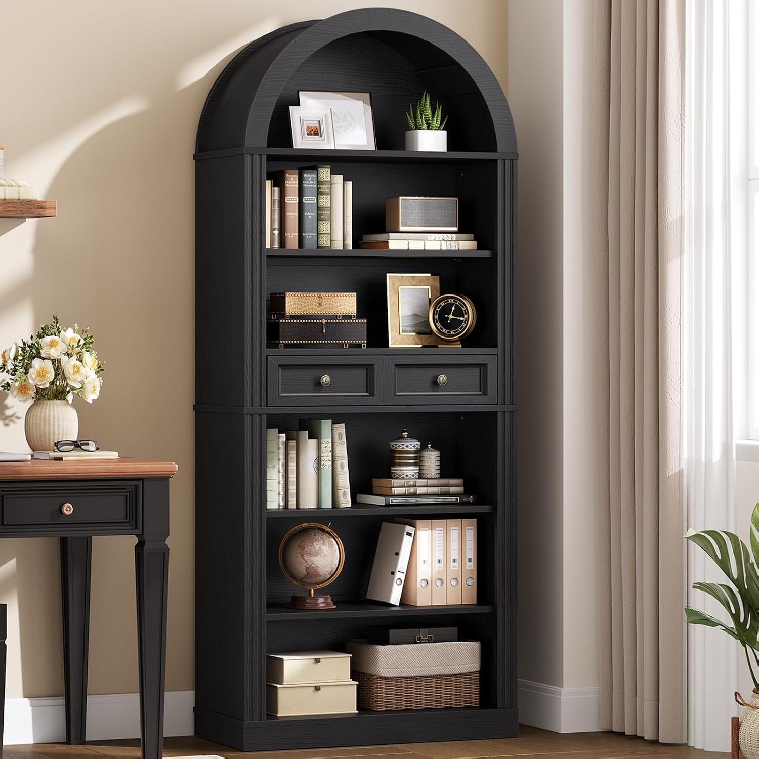 Arched Bookshelf 73 Tall Arch Bookcase with Drawer 6-Tier Farmhouse Book Shelf Wooden Bookshelf with Open Display Shelves for Living Room Office Adjustable Shelves Black