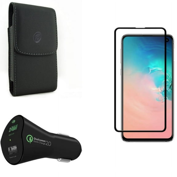 Galaxy S10e Case Belt Clip w Car Charger w Screen Protector - Leather Holster Cover, 30W Fast 2-Port USB Power, Tempered Glass 5D Curved Edge for Samsung Galaxy S10e Phone