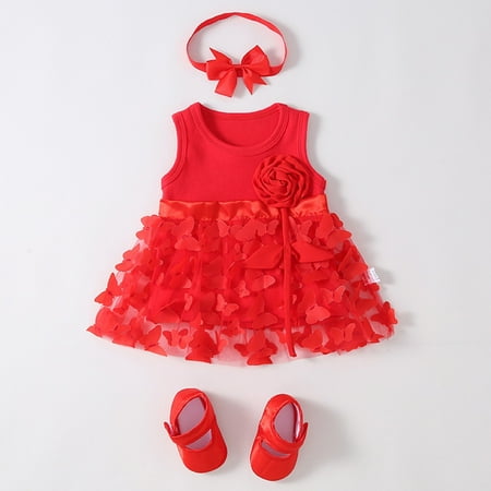 

ZHUASHUM Baby Girls Spring Summer Print Ruffle Sleeveless Princess Dress Shoes Headbands 3Pc Clothing Red 9-12 Months