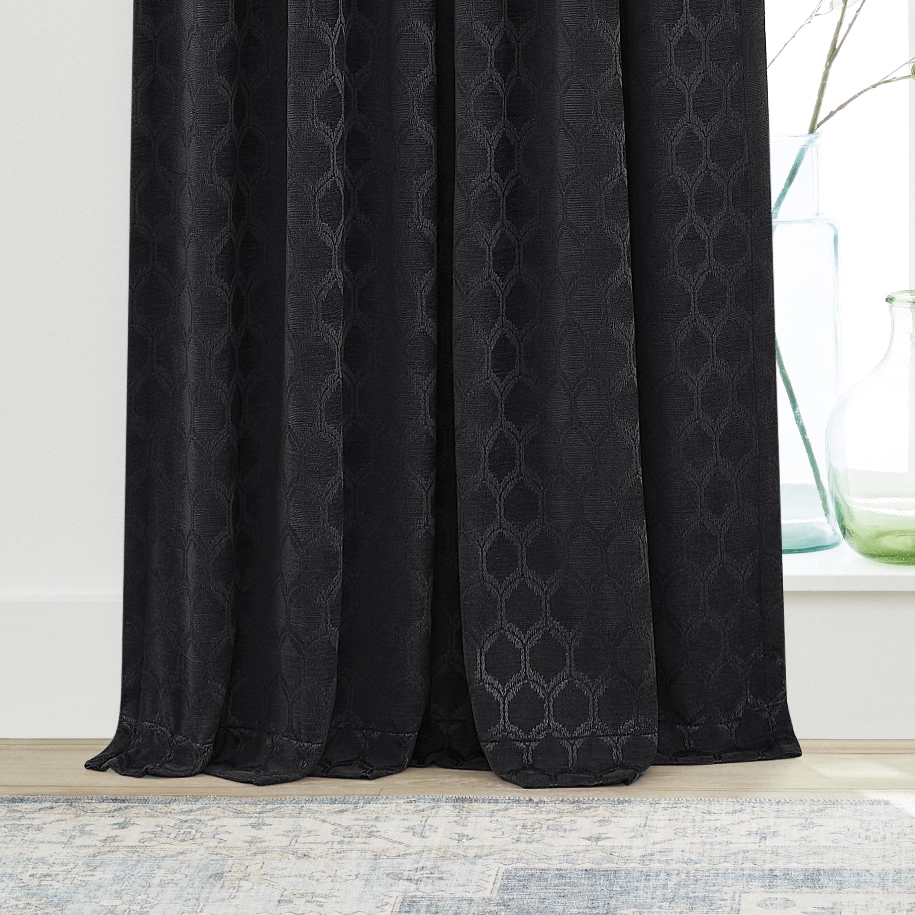 (2 pack) Better Homes & Gardens Jacquard Velvet Blackout Curtain Rod Pocket/Back Tab Indoor Single Panel, Rich Black, 50" W x 84" L, Adult
