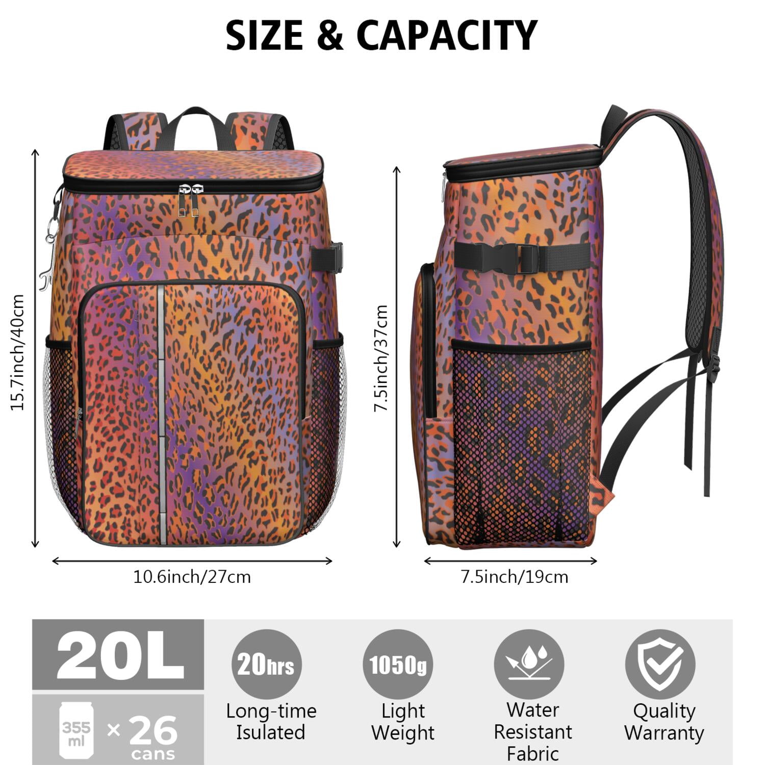 Travel Cooler Bag - Orange and Purple Of Leopard Print Camping Beer Cooler Backpack with Bottle Opener- Waterproof Insulated Picnic Backpacks - Cooler Bag for Beach