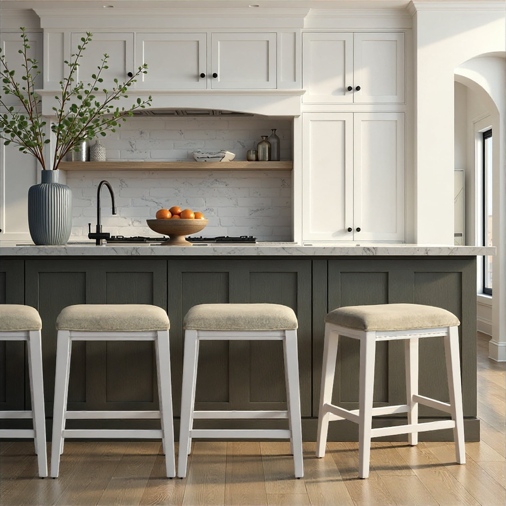 Jane Contemporary Transitional Wood Counter Height Kitchen Bar Stool in White Finish with Cream Fabric Upholstered Seat