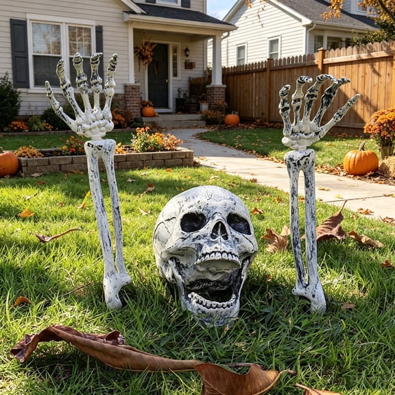 Halloween Skeleton Stakes, Realistic Skull & Skeleton Hand Yard Stakes for Outdoor Graveyard Lawn Garden Party Decor