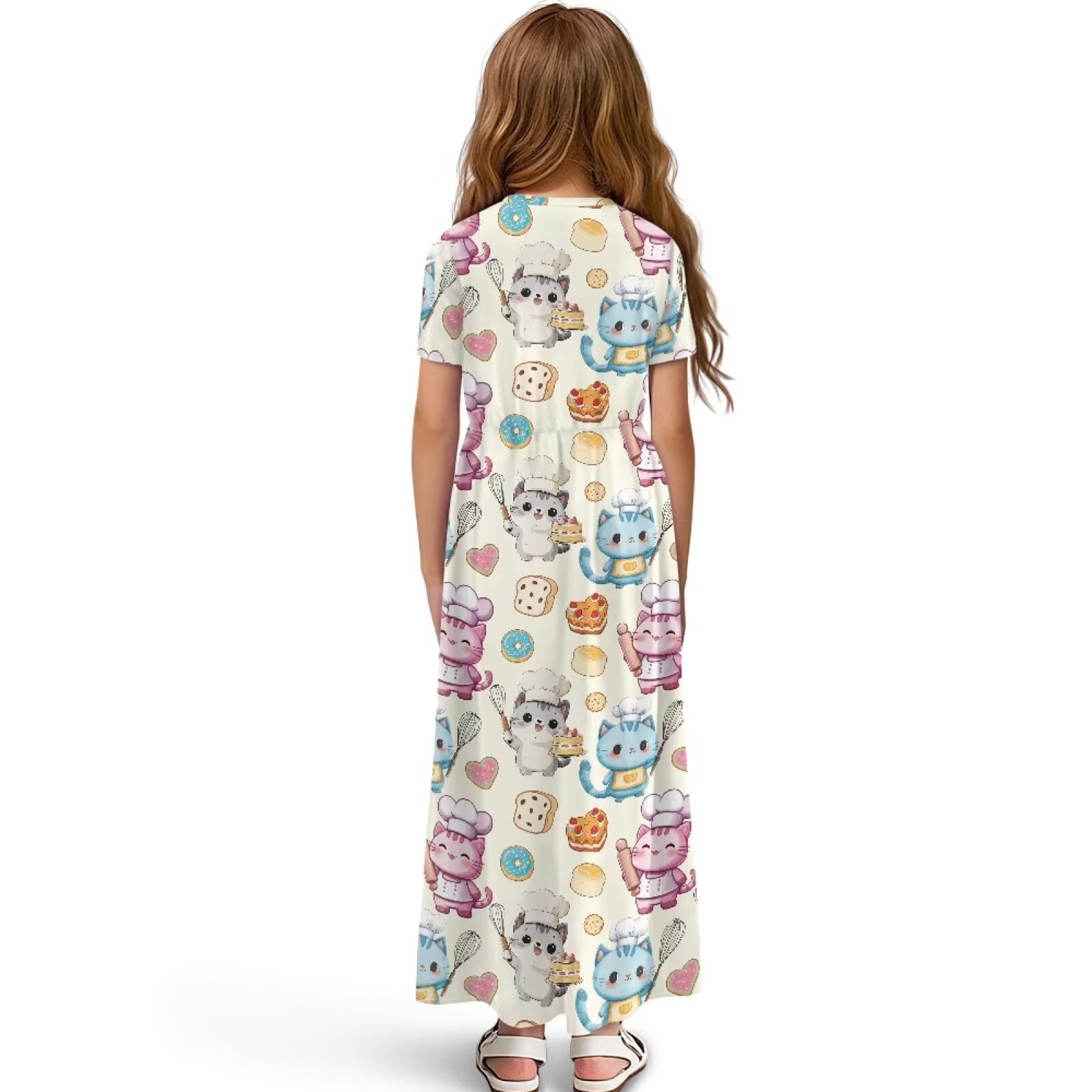 Uourmeti Girl's Short Sleeve Cartoon Cat Cook Print Crew Neck Loose Casual Long Maxi Dress with Pockets Toddler Girls Sundress Clothes, Size 13-14 Years