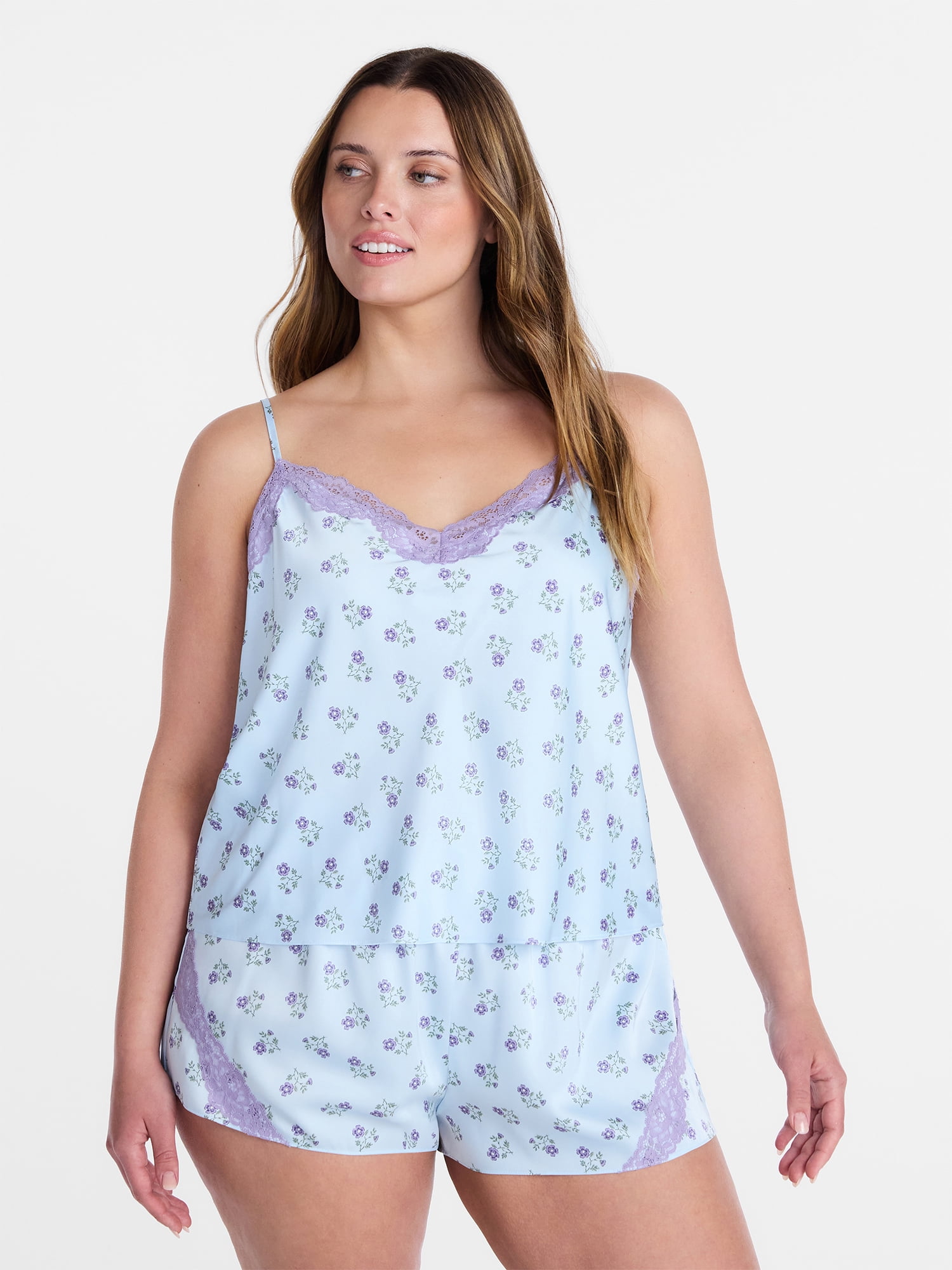 Joyspun Women's Lace Trim Stretch Satin Cami and Shorts Set, 2-Piece, Sizes XS-3X
