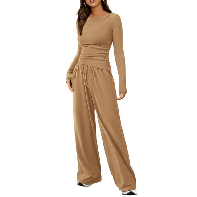 Conjuntos de Dos Piezas para Mujer: Camiseta Asimétrica de Larga, Pantalones Anchos y Chándal Informal. Caqui XS