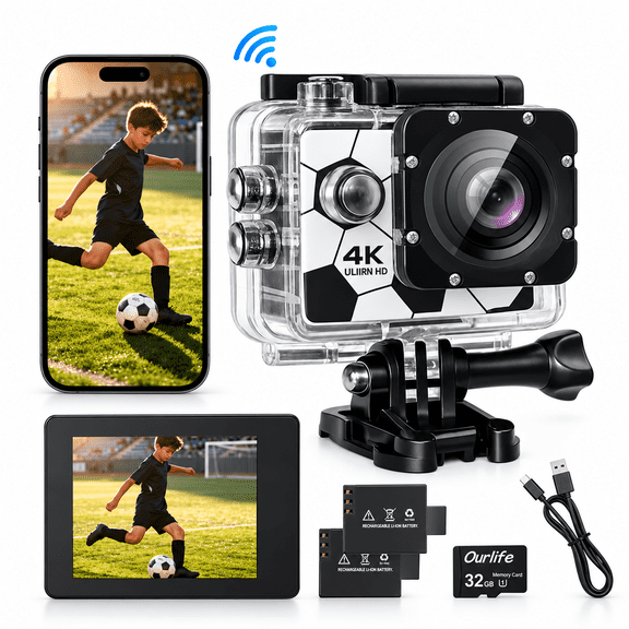 Ourlife 4K 24MP Action Camera with Wifi & 170° Wide Angle, Creative Soccer Pattern Sport Cam with 100ft Waterproof Case, 32GB Card