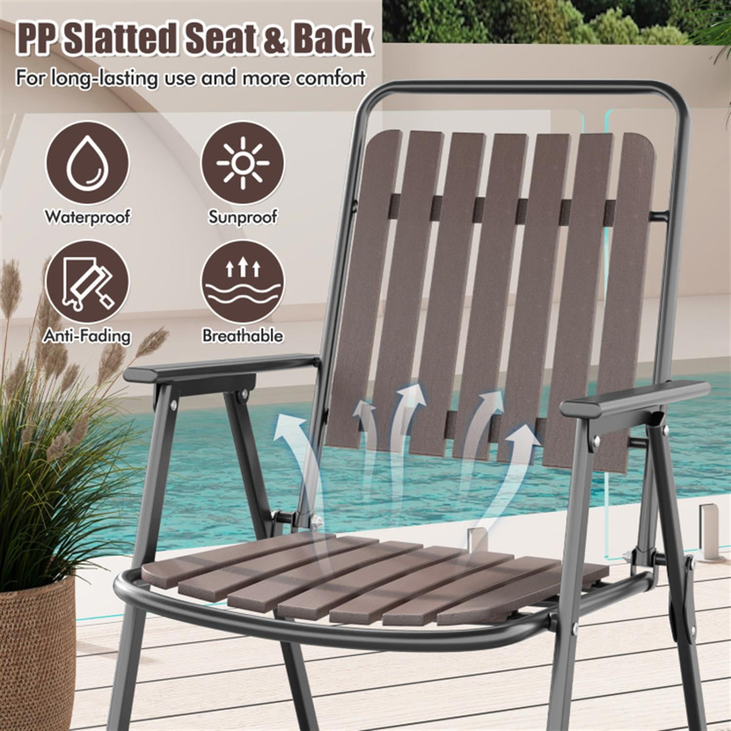 Demi Bonn 4 pcs Patio Folding Chairs with PP Seat and Back and 400 LBS Heavy-Duty Metal Frame, Outdoor Accent Furniture Lounge Chairs for Yard, Garden, Brown