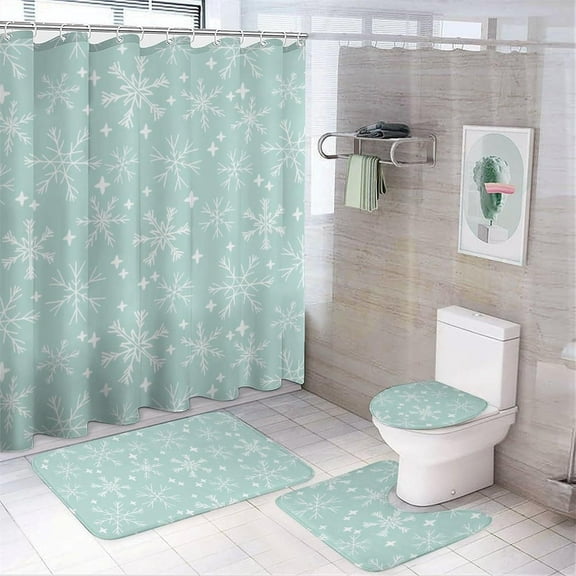 Mint Cute Winter Snowflake 4Pcs Shower Curtain Set Washable Bathroom Sets with Toilet Lid Cover and Non-Slip Rug Bath Accessories Decor